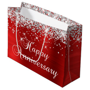 Silver Glitter Red Foil Fancy Happy Anniversary Large Gift Bag