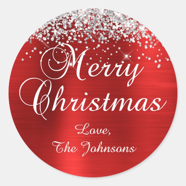 Silver Glitter Red Foil Merry Christmas Classic Round Sticker (Front)