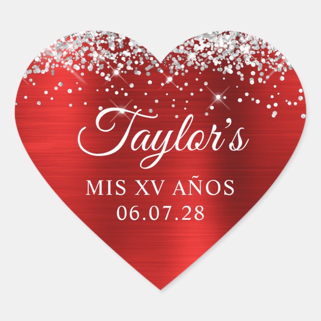 Silver Glitter Red Foil Mis XV Anos Birthday Heart Sticker (Front)