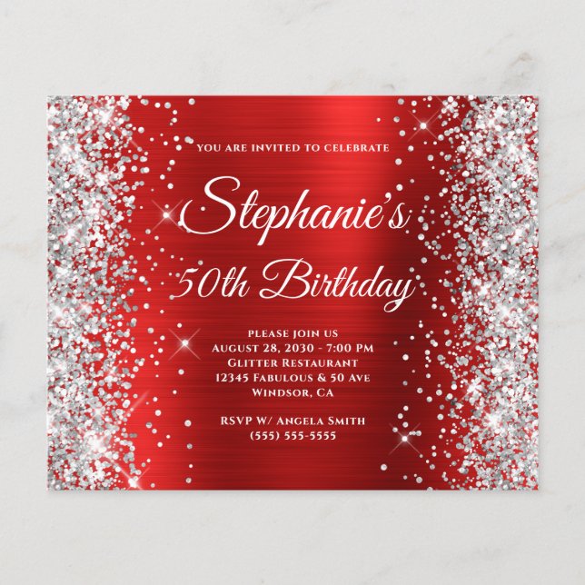 Silver Glitter Red Foil Monogram 50th Birthday Flyer (Front)