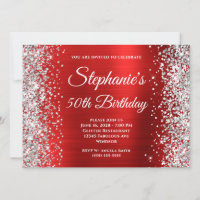 Silver Glitter Red Foil Monogram 50th Birthday
