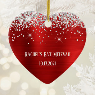 Silver Glitter Red Foil Personalized Bat Mitzvah Ceramic Ornament