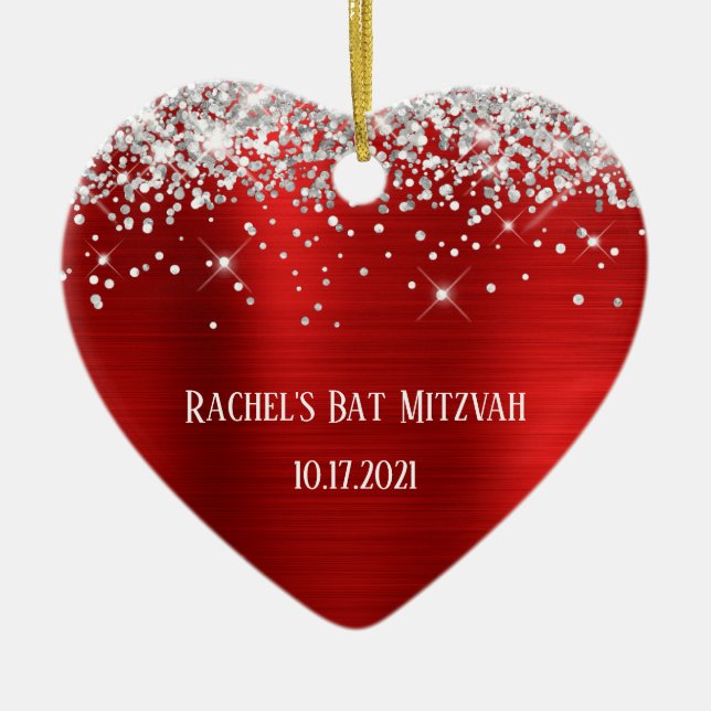 Silver Glitter Red Foil Personalized Bat Mitzvah Ceramic Ornament (Front)