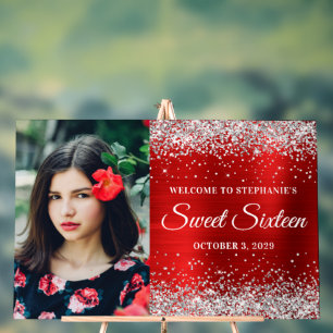 Silver Glitter Red Foil Sweet Sixteen Welcome Big Acrylic Sign