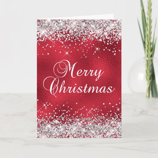Silver Glitter Red Glass Foil Merry Christmas Card (Front)