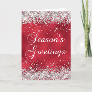 Silver Glitter Red Glass Foil Season's Greetings Card