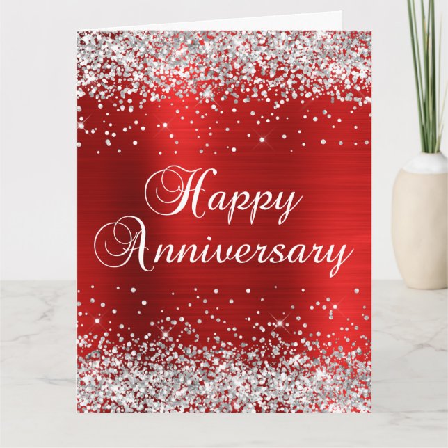 Silver Glitter Red Happy Anniversary Card (Front)