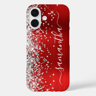 Silver Glitter Red Metallic Girly Signature iPhone 16 Case