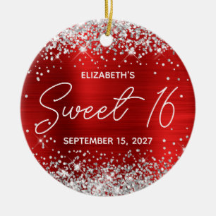 Silver Glitter Red Modern Fancy Sweet 16 Photo Ceramic Ornament