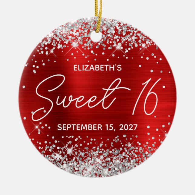 Silver Glitter Red Modern Fancy Sweet 16 Photo Ceramic Ornament (Front)