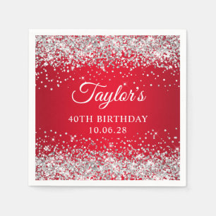 Silver Glitter Red Ombre 40th Birthday Napkin
