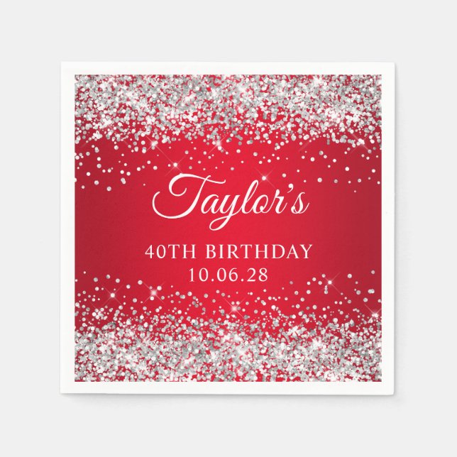 Silver Glitter Red Ombre 40th Birthday Napkin (Front)