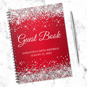 Silver Glitter Red Ombre 90th Birthday Guestbook  Notebook