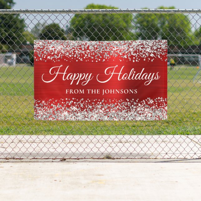 Silver Glitter Red Personalized Happy Holidays Banner (Insitu)