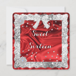 Silver Glitter, Red Satin Sweet Sixteen Invitation