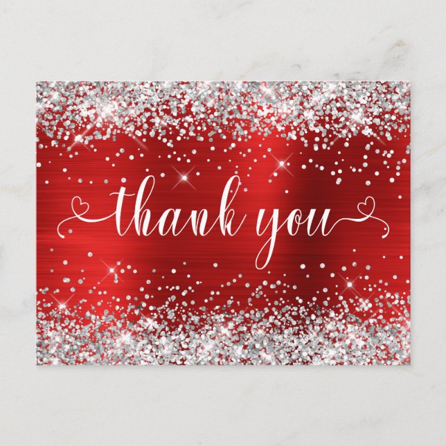 Silver Glitter Red Sweet 16 Hearts Thank You Postcard (Front)