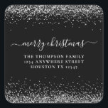 Silver Glitter Return Address Merry Xmas Black Square Sticker<br><div class="desc">Silver Glitter Return Name Address Merry Christmas Black. Especially for your festive mailings, a border of faux glitter is at the top and bottom, and Merry Christmas is in a handwriting style script. Easily personalise with your name and return address. You can also change the text and background colours via...</div>