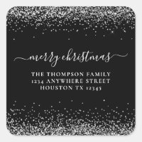 Silver Glitter Return Address Merry Xmas Black