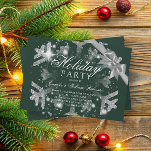 Silver Glitter & Ribbon   Xmas Holiday Green Invitation