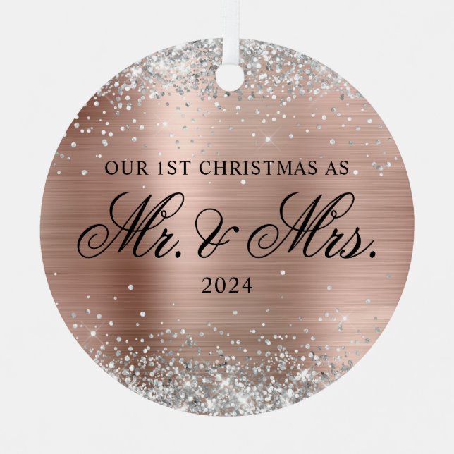 Silver Glitter Rose Gold Foil 1st Christmas Photo Metal Ornament (Front)