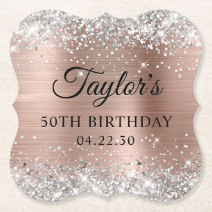 Silver Glitter Rose Gold Foil 50th Birthday Paper Coaster
