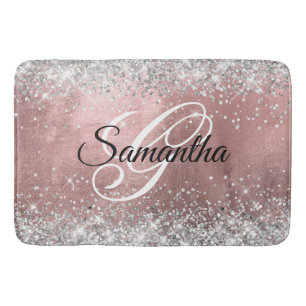 Silver Glitter Rose Gold Foil Fancy Monogram Bath Mat