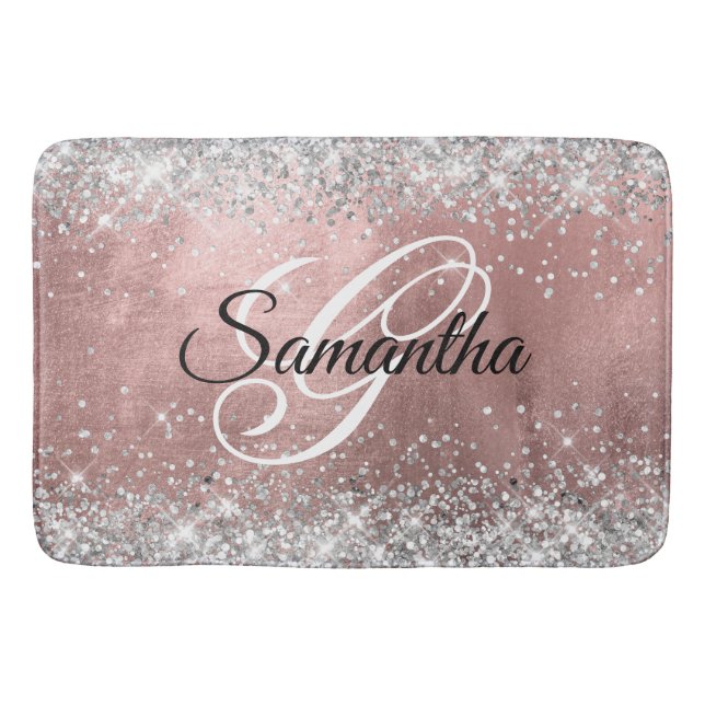 Silver Glitter Rose Gold Foil Fancy Monogram Bath Mat (Front)
