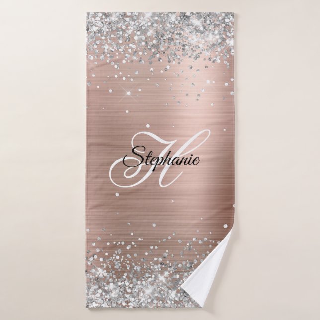 Silver Glitter Rose Gold Foil Fancy Monogram Bath Towel (Bath Towel)