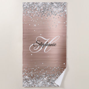 Silver Glitter Rose Gold Foil Fancy Monogram Beach Towel