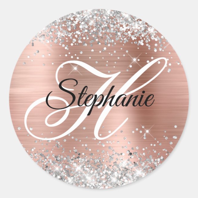 Silver Glitter Rose Gold Foil Fancy Monogram Classic Round Sticker (Front)