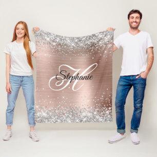 Silver Glitter Rose Gold Foil Fancy Monogram Fleece Blanket