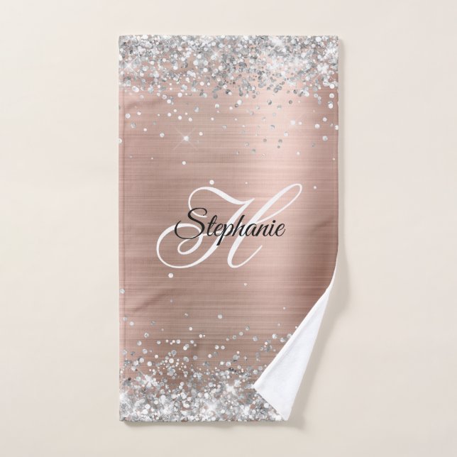 Silver Glitter Rose Gold Foil Fancy Monogram Hand Towel (Hand Towel)