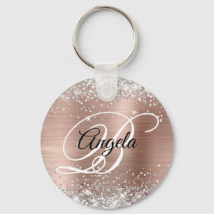 Silver Glitter Rose Gold Foil Fancy Monogram Keychain