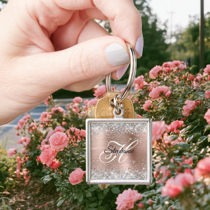 Silver Glitter Rose Gold Foil Fancy Monogram Keychain