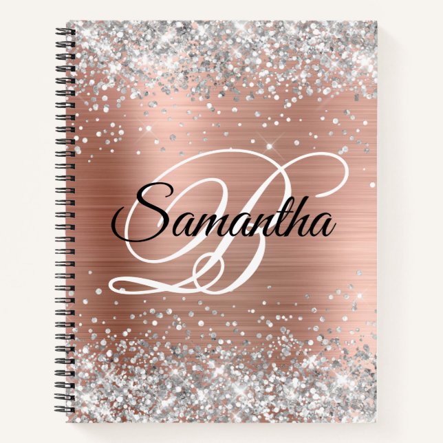 Silver Glitter Rose Gold Foil Fancy Monogram Notebook (Front)