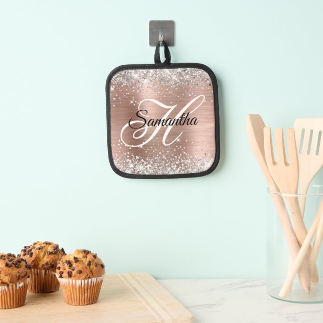 Silver Glitter Rose Gold Foil Fancy Monogram Pot Holder (Insitu(Hanging))