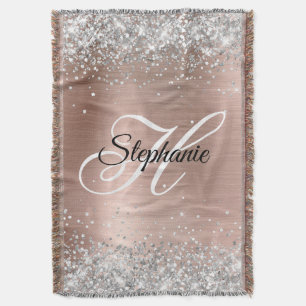 Silver Glitter Rose Gold Foil Fancy Monogram Throw Blanket