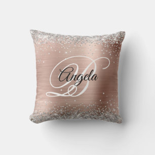 Silver Glitter Rose Gold Foil Fancy Monogram Throw Pillow