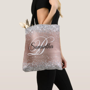 Silver Glitter Rose Gold Foil Fancy Monogram Tote Bag