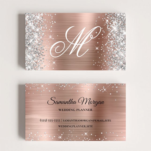 Silver Glitter Rose Gold Foil Fancy Monogrammed Business Card (Silver Glitter Shiny Rose Gold Foil Fancy Monogram Business Card)