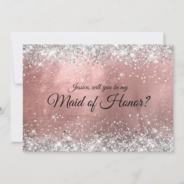 Silver Glitter Rose Gold Foil Maid of Honour Invitation (Front)
