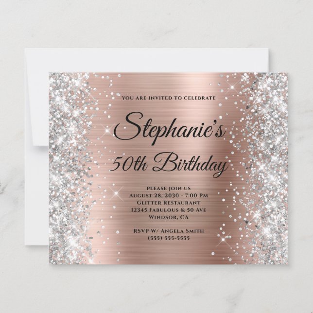 Silver Glitter Rose Gold Foil Monogram 50 Birthday (Front)