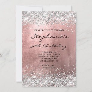 Silver Glitter Rose Gold Foil Monogram Birthday Invitation