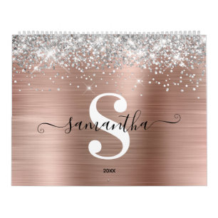 Silver Glitter Rose Gold Foil Monogram Photo Calendar