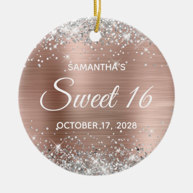 Silver Glitter Rose Gold Foil Sweet 16 Birthday Ceramic Ornament (Front)