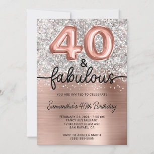 Silver Glitter Rose Gold Glam 40 and Fabulous Invitation