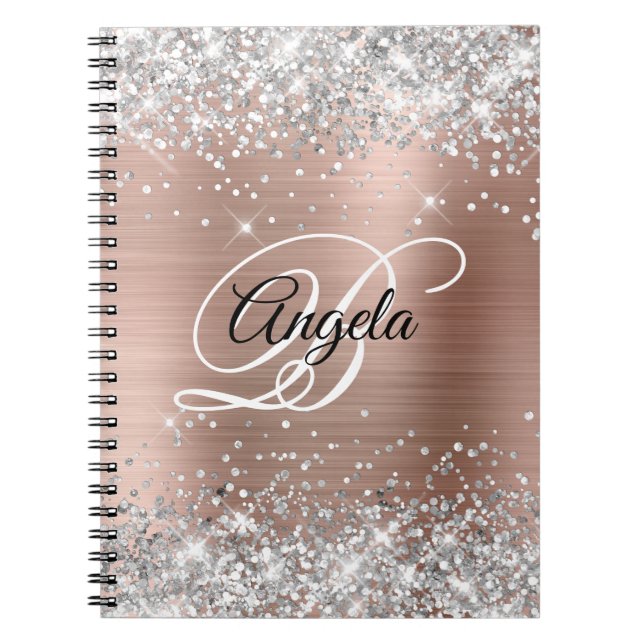 Silver Glitter Rose Gold Metallic Fancy Monogram Notebook (Front)