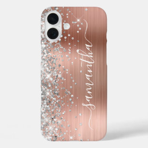 Silver Glitter Rose Gold Metallic Girly Signature iPhone 16 Plus Case