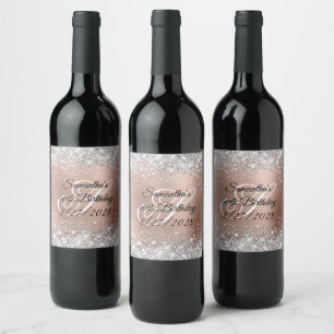 Silver Glitter Rose Gold Monogram 40th Birthday Wine Label