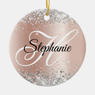 Silver Glitter Rose Gold Shimmer Fancy Monogram Ceramic Ornament